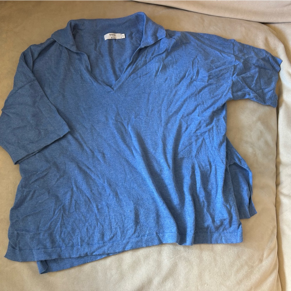 Blue Cotton Shirt sleeve V-Neck Lightweight Sweater with Collar